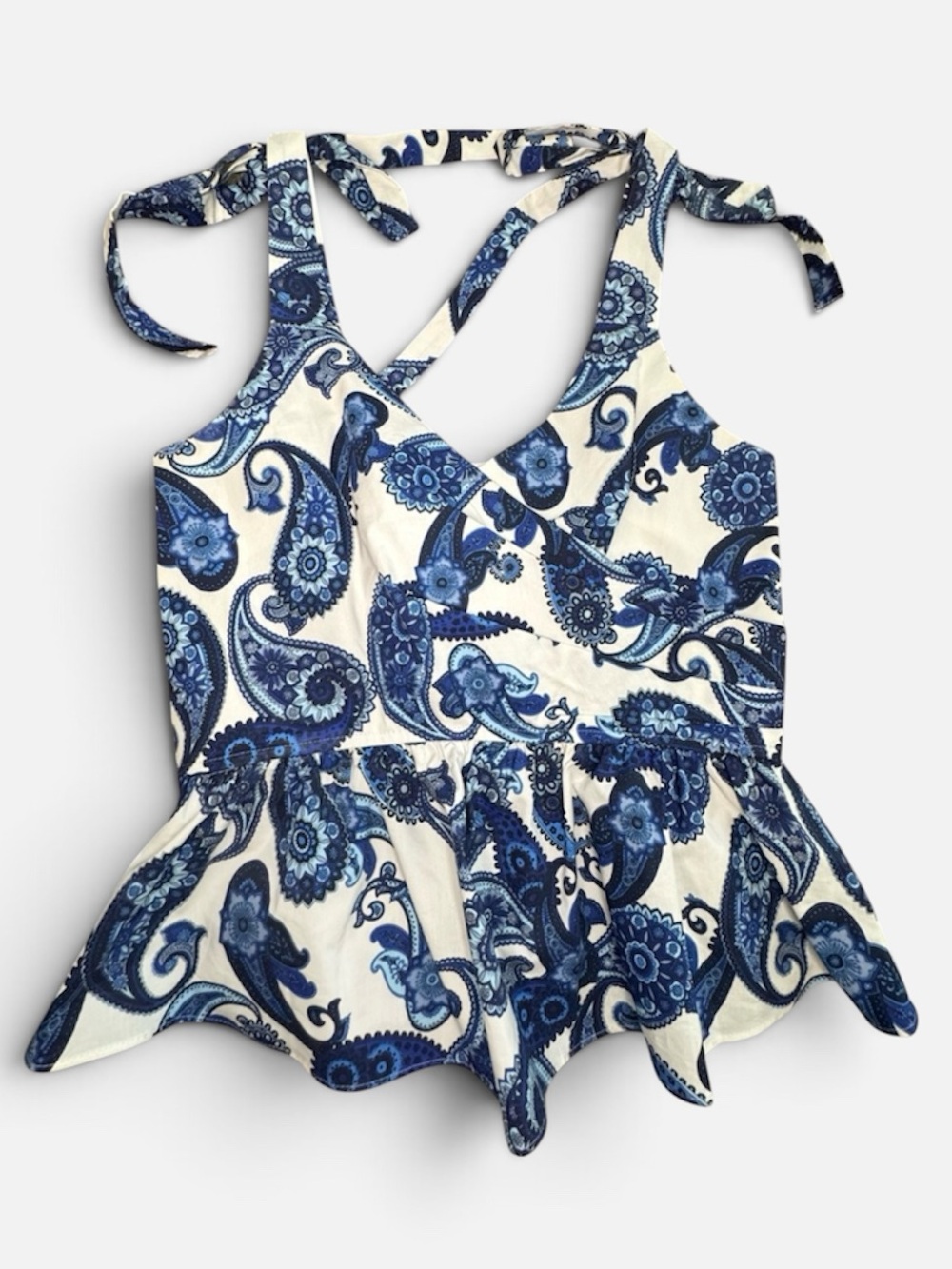 Express Blue and White Paisley Tie-Shoulder Peplum Camisole